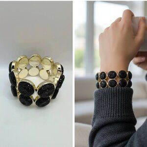 Black Drusy Cluster Double Goldtone Stretch Plastic Bracelet